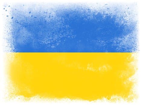 Powder paint exploding in colors of Ukraine flag isolated on white background. Abstract particles explosion of colorful dust.