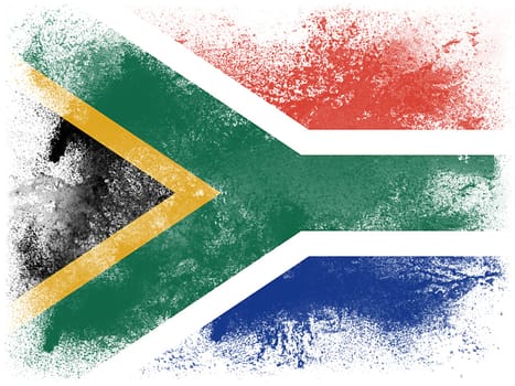 Powder paint exploding in colors of South Africa flag isolated on white background. Abstract particles explosion of colorful dust.