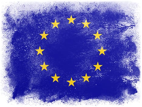 Powder paint exploding in colors of European Community flag isolated on white background. Abstract particles explosion of colorful dust.
