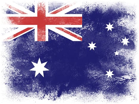 Powder paint exploding in colors of Australia flag isolated on white background. Abstract particles explosion of colorful dust.