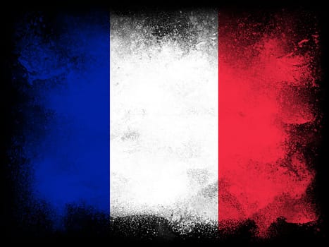 Powder paint exploding in colors of France flag isolated on black background. Abstract particles explosion of colorful dust.