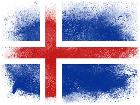 Powder paint exploding in colors of Iceland flag isolated on white background. Abstract particles explosion of colorful dust.