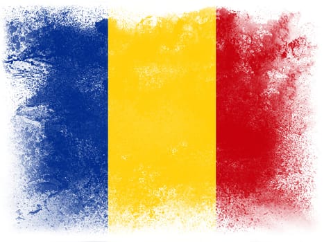 Powder paint exploding in colors of Romania flag isolated on white background. Abstract particles explosion of colorful dust.