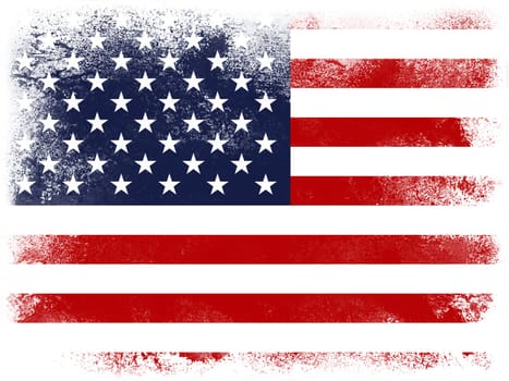 Powder paint exploding in colors of United States flag isolated on white background. Abstract particles explosion of colorful dust.