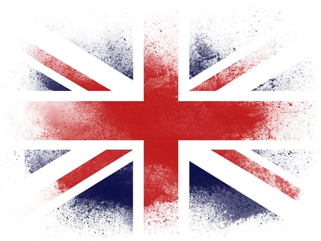 Powder paint exploding in colors of United Kingdom flag isolated on white background. Abstract particles explosion of colorful dust.