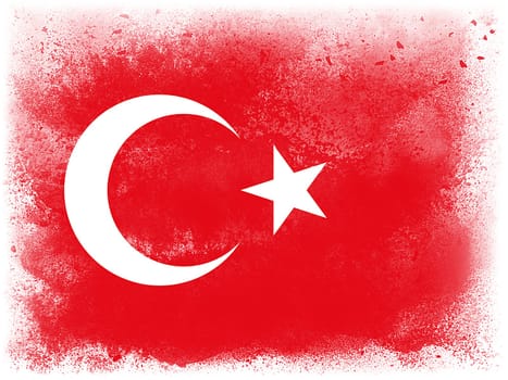 Powder paint exploding in colors of Turkey flag isolated on white background. Abstract particles explosion of colorful dust.