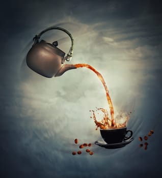 Flying teapot pouring coffee in a cup on a cloudy sky background.