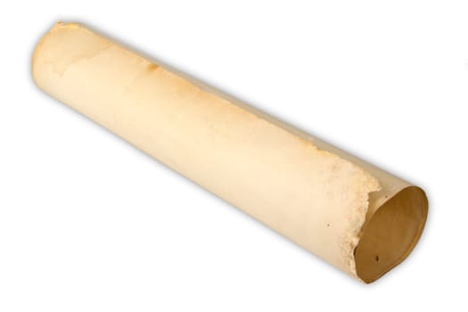 Yellowed paper roll exposed on white background