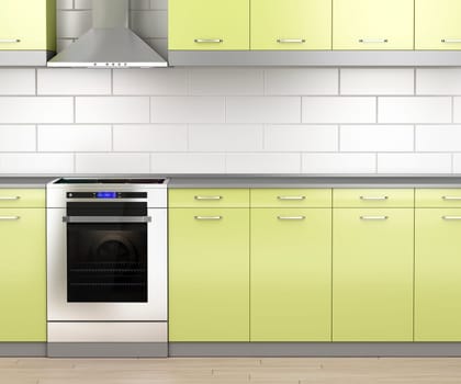 Modern electric stove and range hood in the kitchen