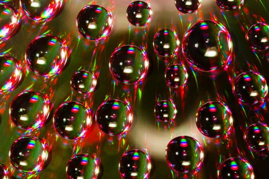 Green abstract water drops are on green background.