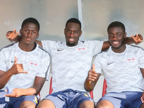 Konate,Augustin and Upamecano (all RB Leipzig) at the charity match ZFC Meuselwitz against RB Leipzig on 18.07.2017 in Meuselwitz