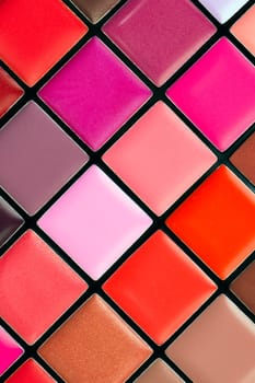 Colorful lipstick palette with different beautiful colors.