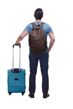 Back view of asian tourist with suitcase isolated over white background