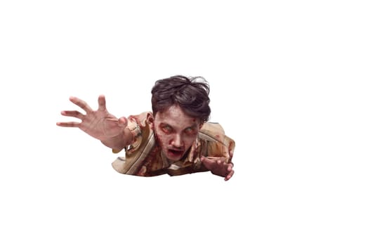 Spooky asian undead man crawling isolated over white background