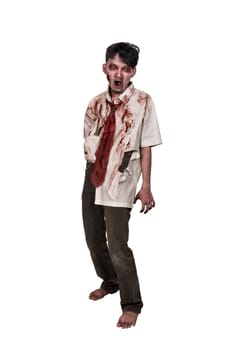 Creepy asian zombie man with bloody face standing isolated over white background