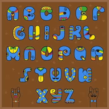 Artistic blue and yellow alphabet. Brown background. Cartoon hands. Illustration