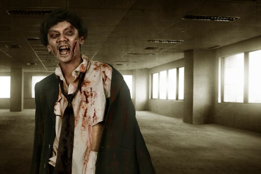 Creepy asian zombies man with blood on old room