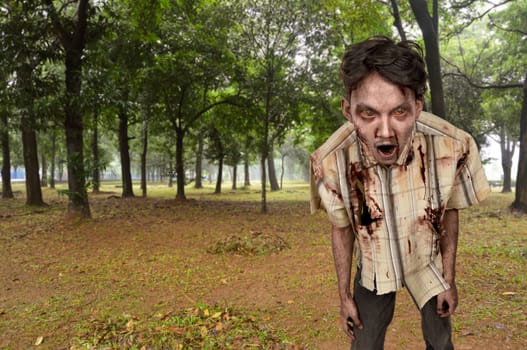 Portrait of screaming asian zombie man in the woods at day