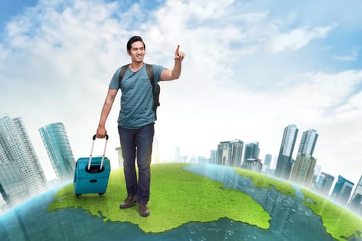 Handsome asian backpacker with suitcase traveling around the world over futuristic background
