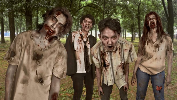 Portrait group of asian bloody zombies with wounded face in the woods