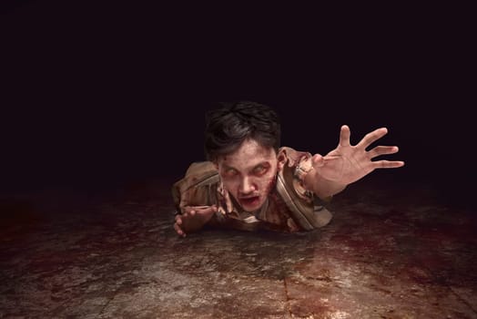 Scary asian zombie man crawling from the dark room