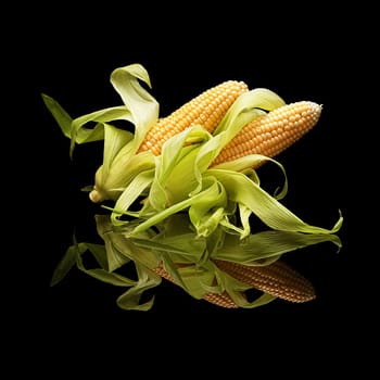 Two cobs of corn with leaves isolated on black with real reflection