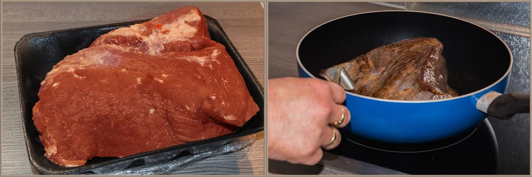 Work steps,meat preparation. On the left the raw pickled juicy sour roast meat of beef and on the right the fresh beef roast in a frying pan.