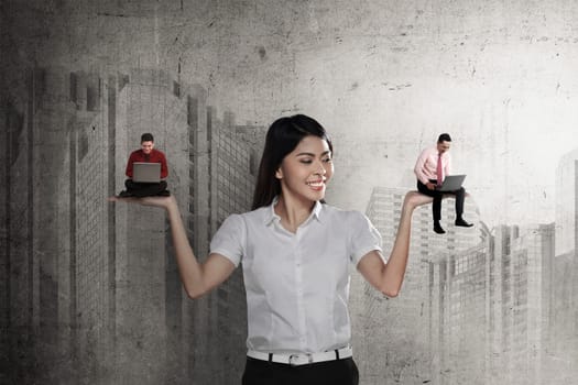 Asian business woman choose two man working. Work promotion concept