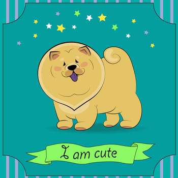 Happy Dog Chow-chow. Yellow cartoon puppy. Greeting vard with banner for custom text. Illustration