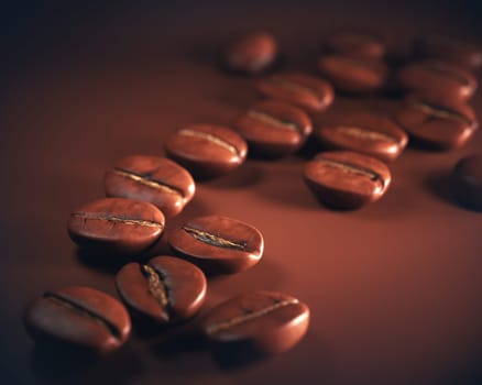 The best roasted coffee beans on a coffee-colored surface.
