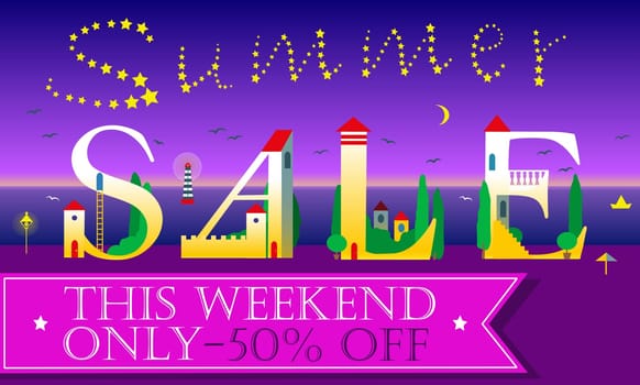 Summer Sale Inscription for retail. Cute houses on the night beach. Artistic font. Stars in the sky. Pink banner for custom text. Illustration