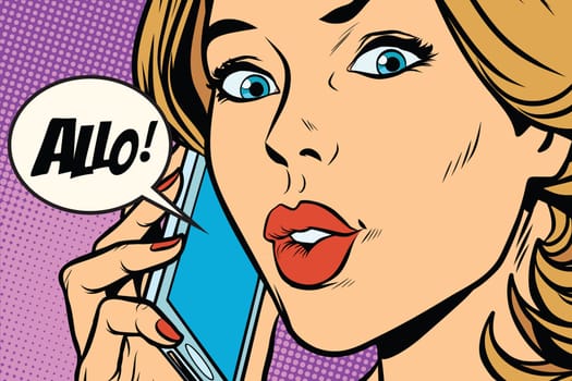 Hello woman on the phone. Pop art retro comic book vector illustration