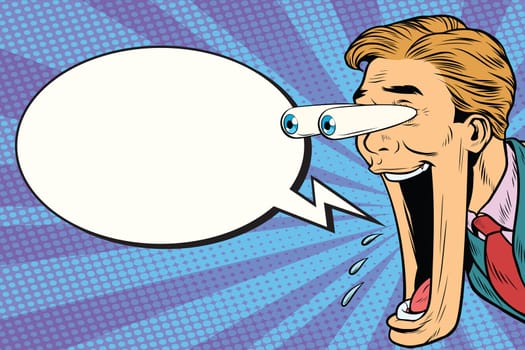 Hyper expressive reaction cartoon man face, big eyes and wide open mouth. Comic bubble. Pop art retro comic book vector illustration
