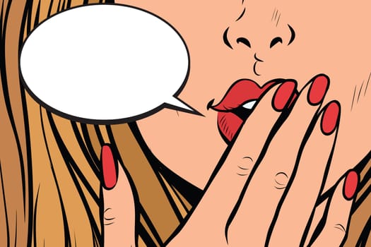 comic bubble closeup of female hand closed mouth. Pop art retro comic book vector illustration