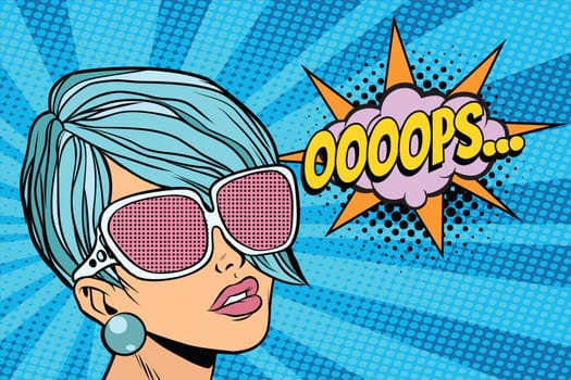 oops beautiful woman with opaque sunglasses. Pop art retro comic book vector illustration