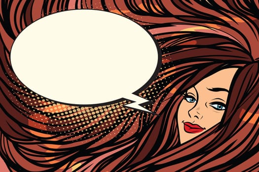 Beautiful girl with long hair, cartoon bubble. Pop art retro vector illustration