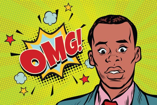 omg pop art African man surprise illustration. Comic text bubble. Human emotions. retro comic book vector illustration