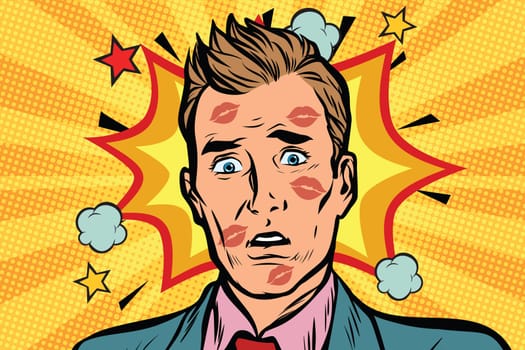 Kissed the embarrassed man with lipstick on face. Love and sexual betrayal. Pop art retro comic book vector illustration