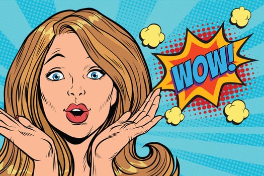wow delight pop art woman face. Pop art retro comic book vector illustration