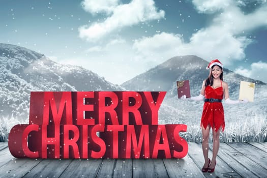 Pretty asian woman in santa claus costume standing with merry christmas text background