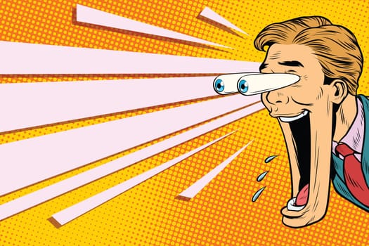 Hyper expressive reaction cartoon man face, big eyes and wide open mouth. A man looks at something. Pop art retro comic book vector illustration