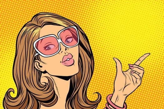 Beautiful woman in sunglasses, hold hand gesture. Pop art retro comic book vector illustration