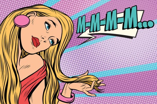 m-m-m beautiful woman blonde long hair. Pop art retro comic book vector illustration