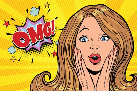 OMG glamorous kitsch pop art blond woman. Pop art retro comic book vector illustration
