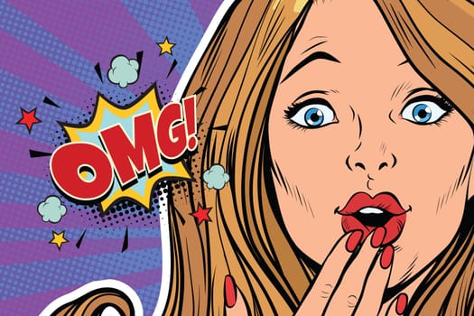 OMG surprised pop art woman face. Pop art retro comic book vector illustration