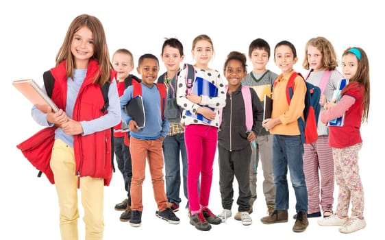 Group of school children posing isolated in white