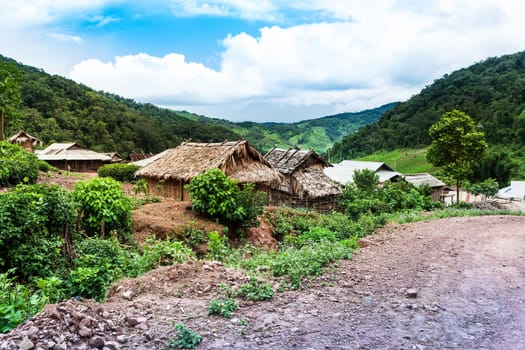 Mountain village in Laos,simple settlement of mountain people in Phongsali