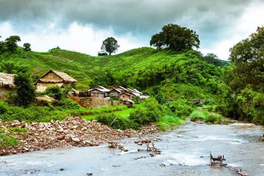 Mountain village in Laos,simple settlement of mountain people in Phongsali