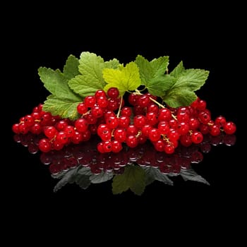 Red currant berries with leaves isolated on black glossy background with real reflection