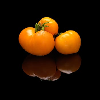 Pile of yellow tomatoes isolated on black glossy background with real reflection